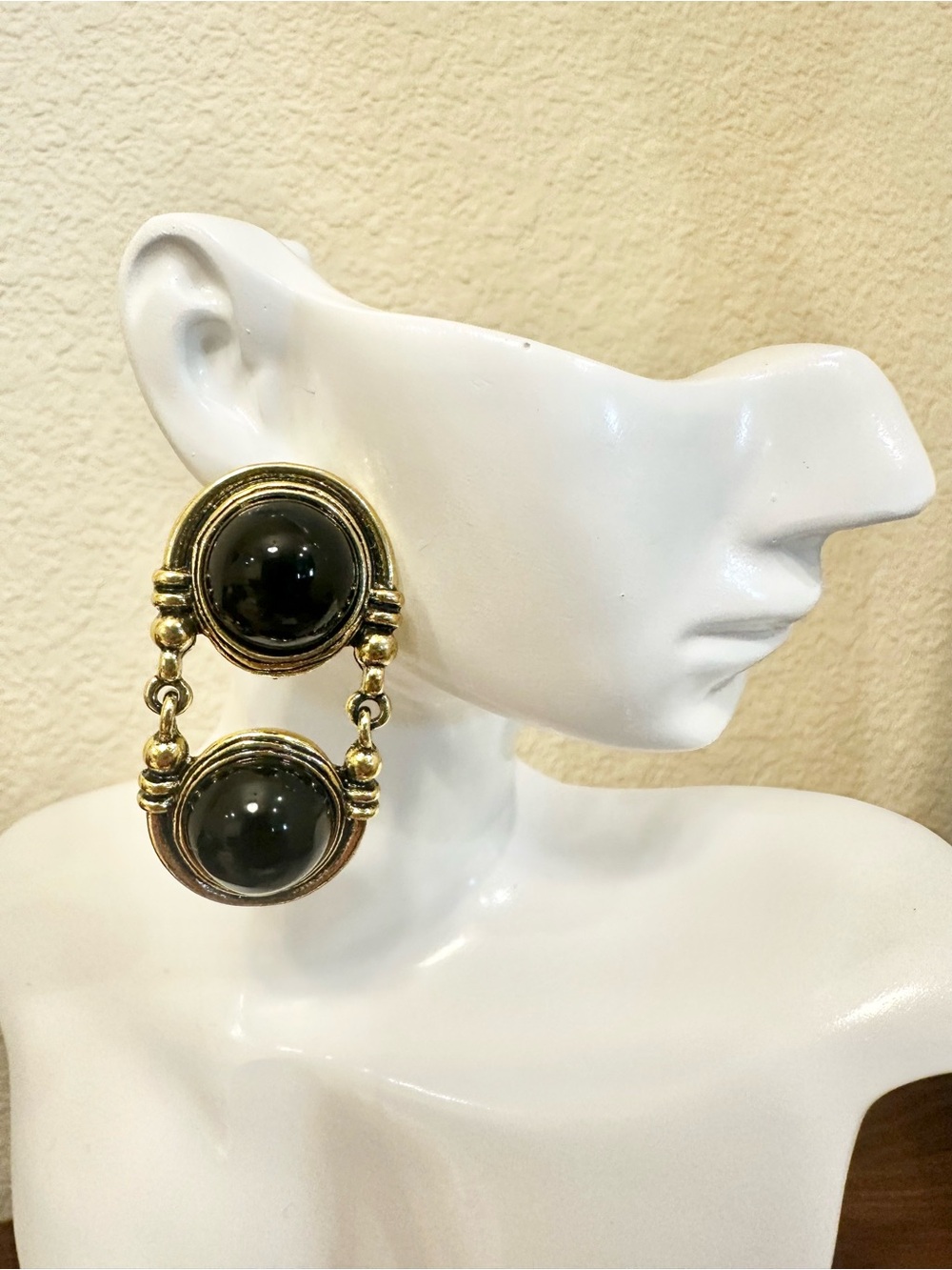 Gold-Plated Double Drop Earrings with Black Cabochons